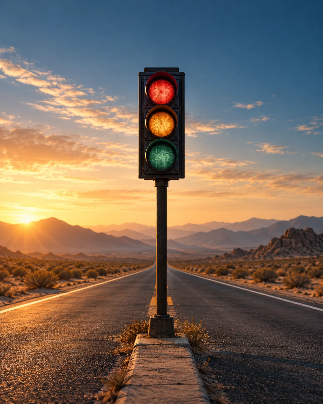 A solitary red, amber, and green traffic light at sunrise on a deserted road through the mountains.